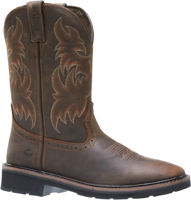Clearance Sale On Trendy Footwear While Supplies Last Wolverine Mens Dk Brown/Rust Leather Rancher ST Wellington Work Boots