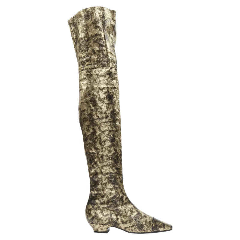 Chanel 18A Gold CC Leather Over Knee Long Boots