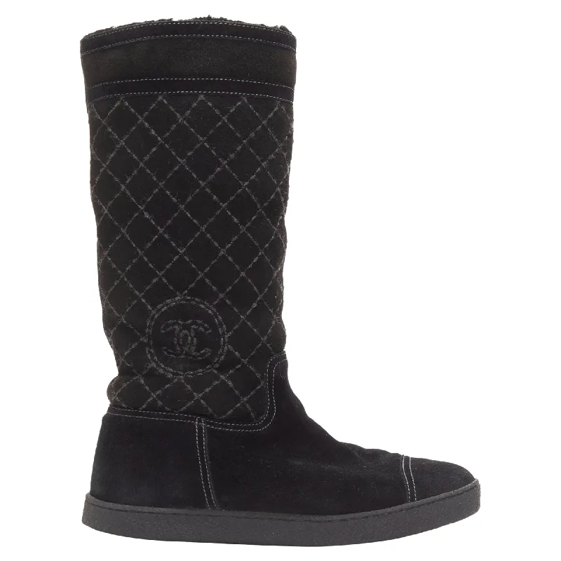 Chanel Matelasse Diamond Quilt Stitch Suede CC Logo Shearling Boots