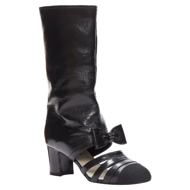 Chanel silver CC bow leather cut out boots