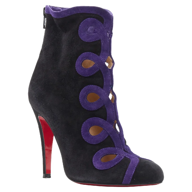 Christian Louboutin suede swirl cut out high heel ankle bootie