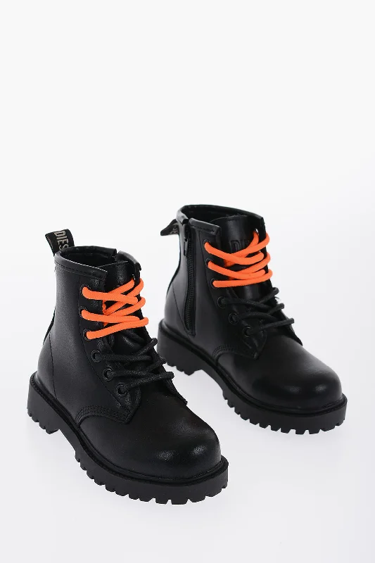 Diesel Kids Leather Combat Boots With Side Zip