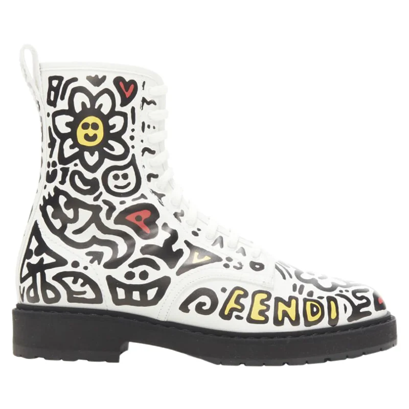 Fendi Mr Doodle logo graffiti print laced combat ankle boot