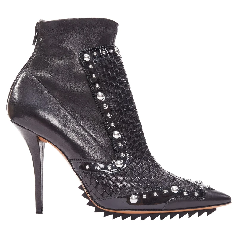 Givenchy Iron Line Basketweave Leather Silver Studs Pointy Ankle Booties