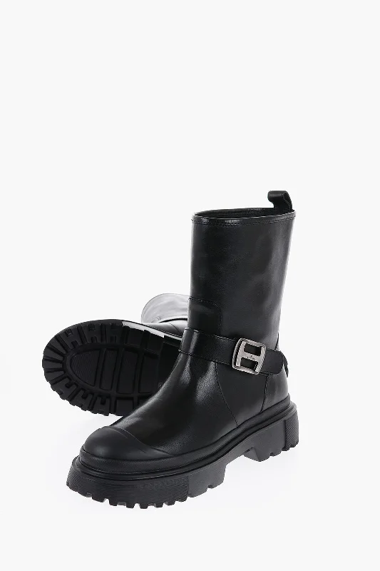 Hogan Leather Biker Booties With Strap And Track Sole