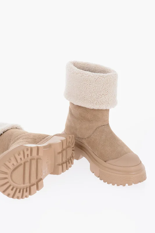 Hogan Suede Ankle Boots With Shearling Detail