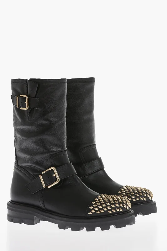 Jimmy Choo Leather Biker Booties With Studded Toe