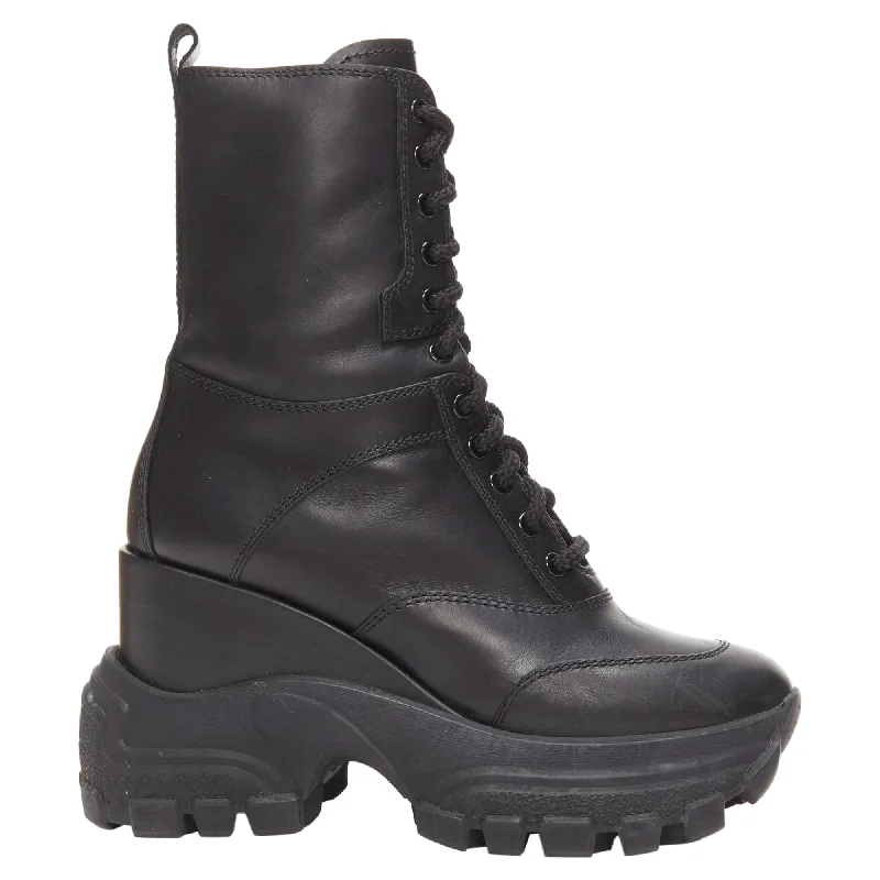 Miu Miu Leather Logo Lace Up Chunky Wedged Military Boots