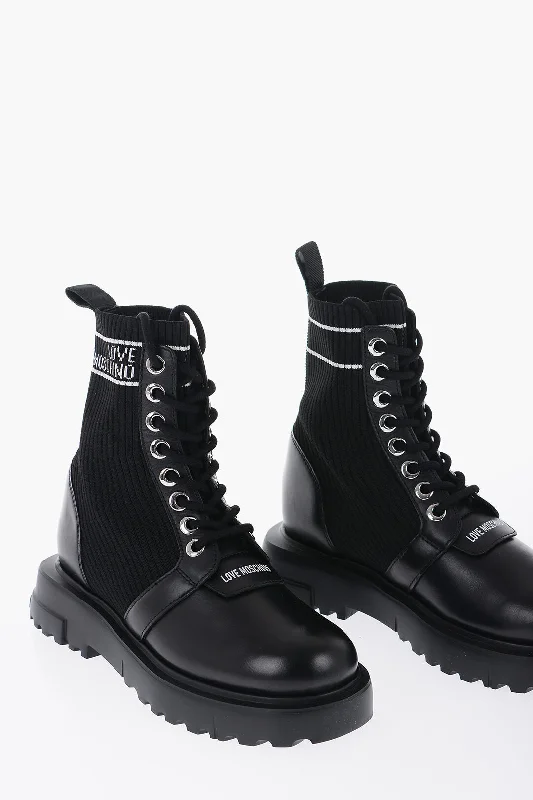 Moschino Love Leather And Fabric Combat Boots With Contrasting Detail