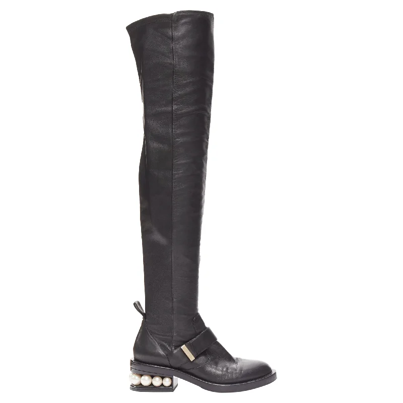 Nicolas Kirkwood pearl embellished heel knitee high boots