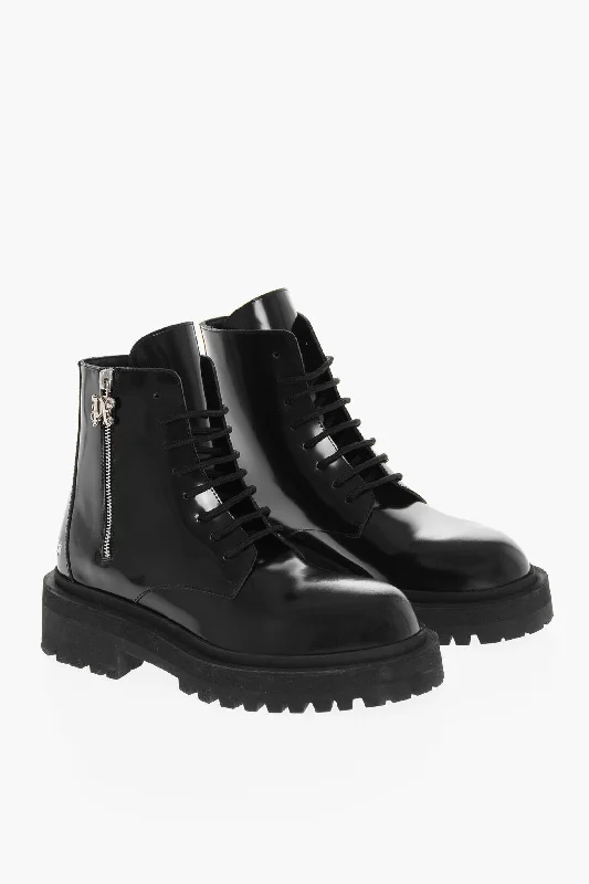 Palm Angels Brushed Leather Combat Boots With Logo Print