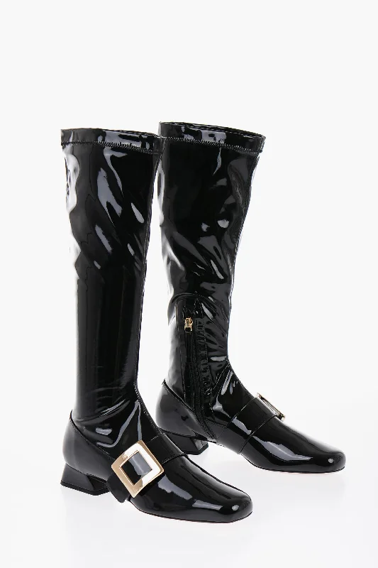 Roger Vivier Patent Leather Stretchy High Boots With Buckle 3Cm