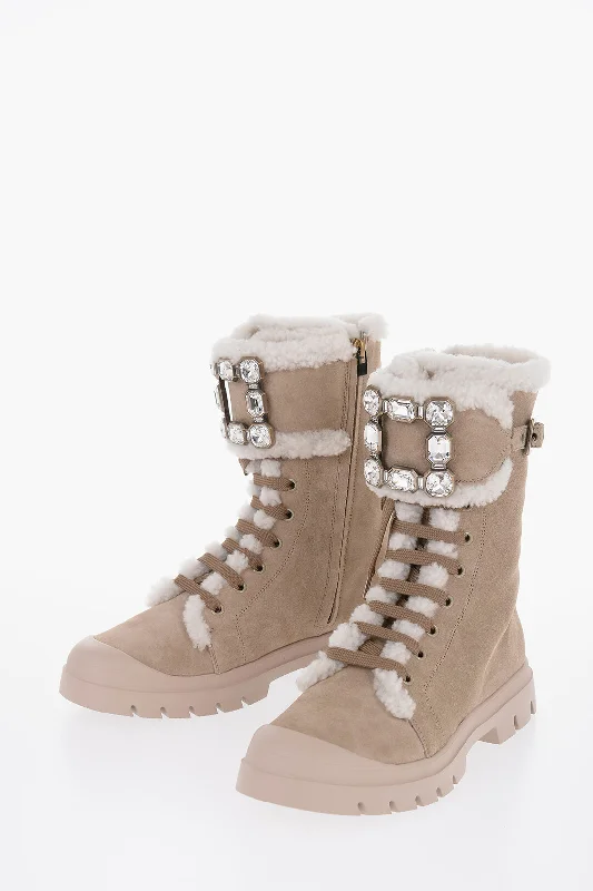 Roger Vivier Shearling Lace-Up Boots With Swarovski Buckle