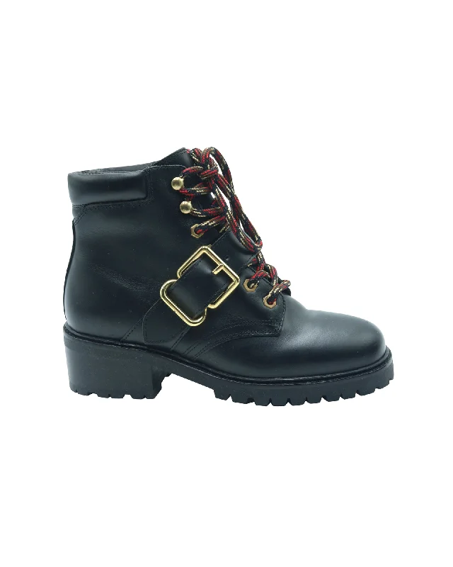 Sandro Buckle Combat Boots in Black Leather