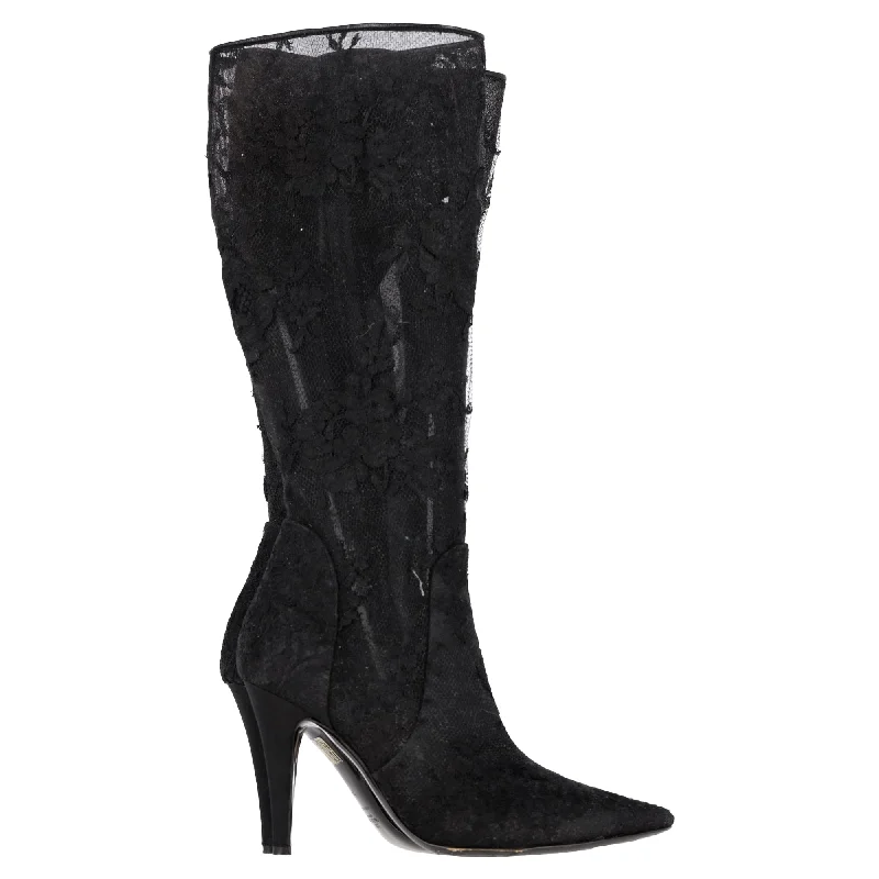 Valentino Garavani Floral Lace Detail High Heel Mid-Calf Boots in Black Polyester