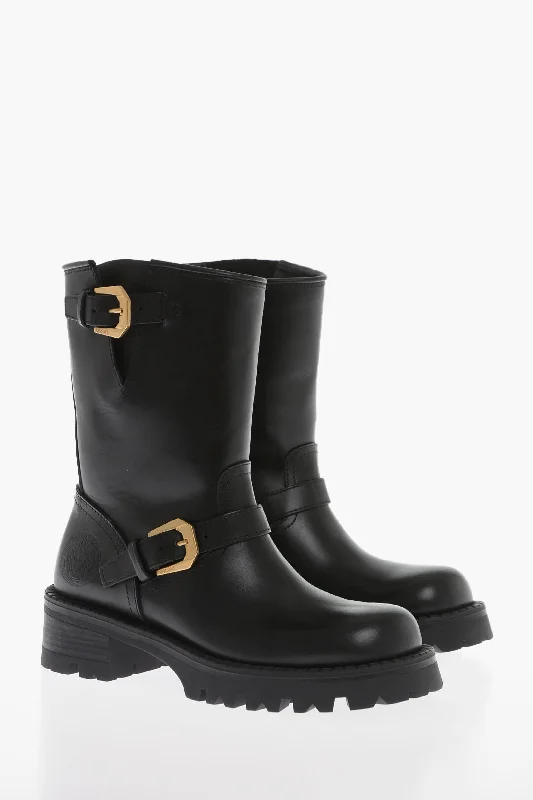 Versace Leather Biker Booties With Brass Buckles