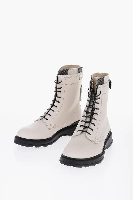 Woolrich Textured Leather Combat Boots With Buffalo Check Detail