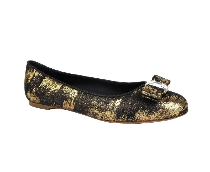 Salvatore Ferragamo Women's Varina Black / Gold Fabric Ballet Flat