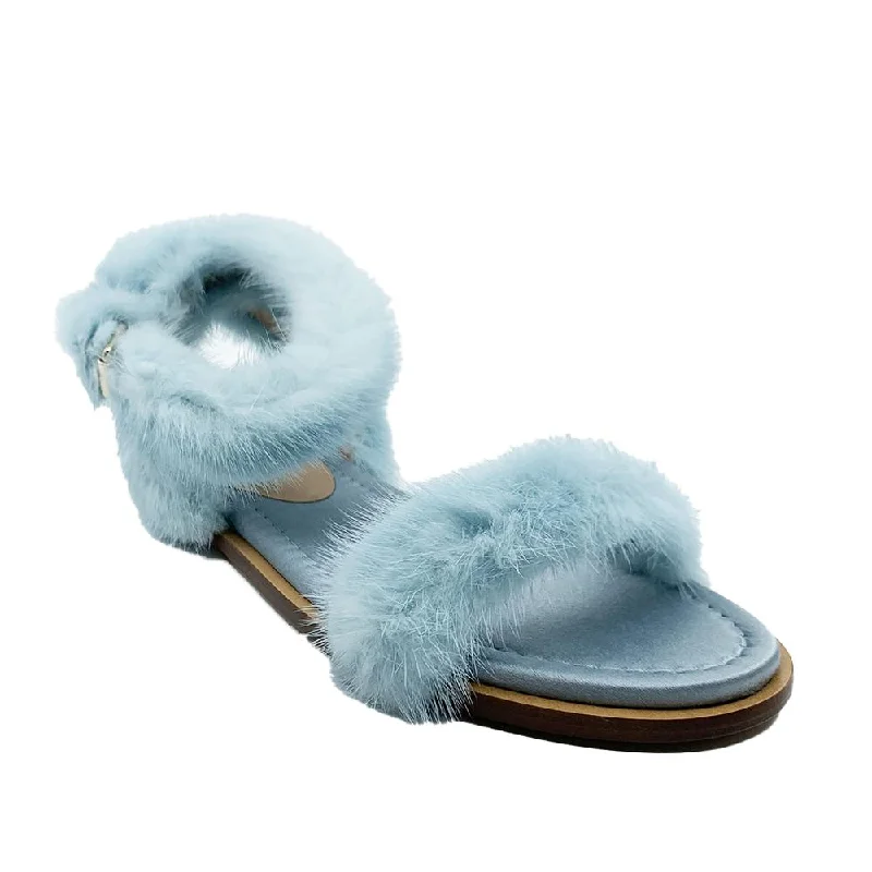 Valentino Women's Mink Fur Leather Ankle-Strap Flat Sandals Light Blue