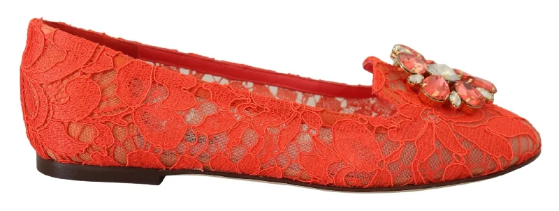 Dolce & Gabbana  Women's Orange Lace Ballerina Flats with Jewel Embellishment