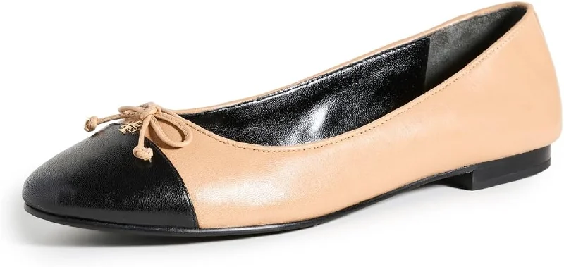 Tory Burch Women's Cap Bow Toe Leather Ballet Flat, Ginger Shortbread/Perfect Black