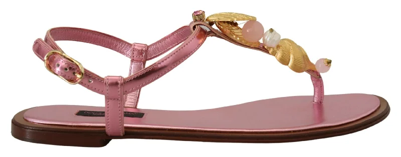 Dolce & Gabbana Chic Pink Leather Sandals with Exquisite Women's Embellishment