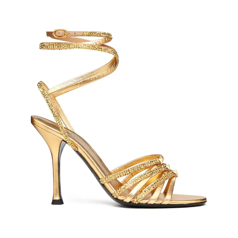 Valentino Garavani Rockstud Strappy Gold Heeled Sandals in Nappa Leather